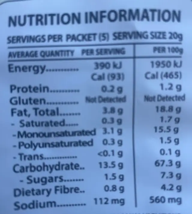 Vege chips nutrition facts table