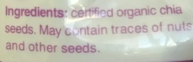 Chia seeds ingredients label