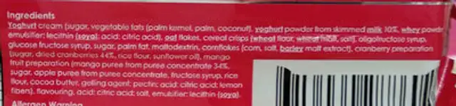 Cranberry Mango Muesli Bars ingredients label