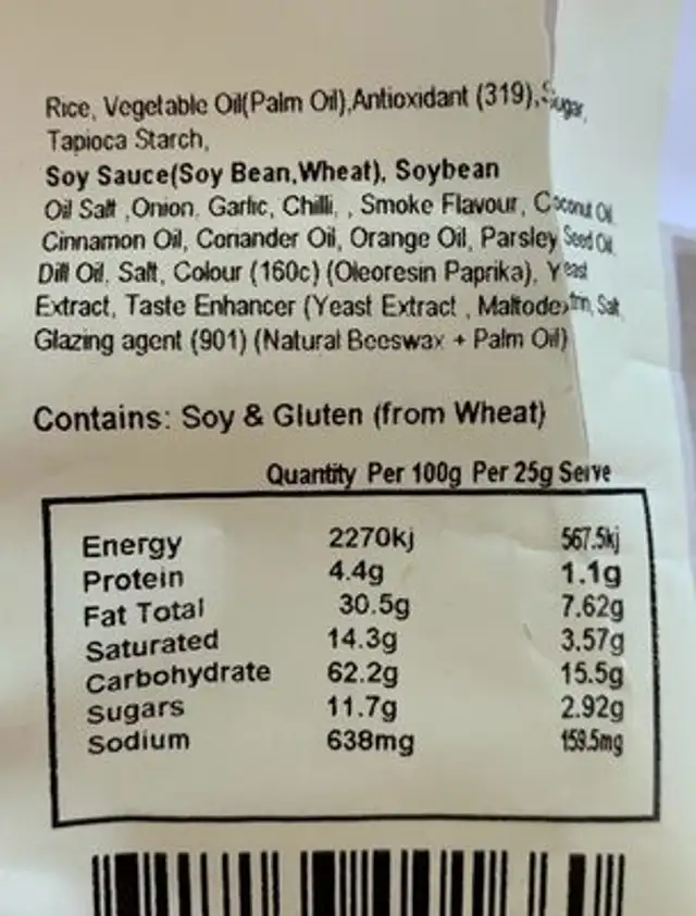 BBQ Rice Wheels nutrition facts table