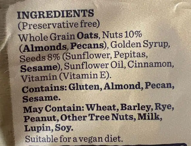 Fruit free muesli ingredients label