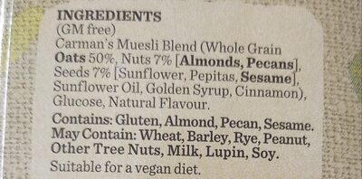 Carmans cereal bar ingredients label
