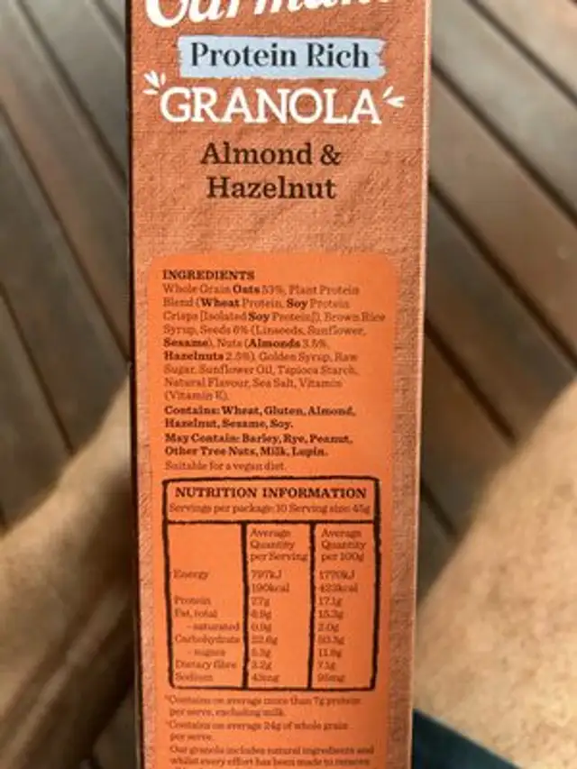 Protein Rich Granola Almond & Hazelnut ingredients label