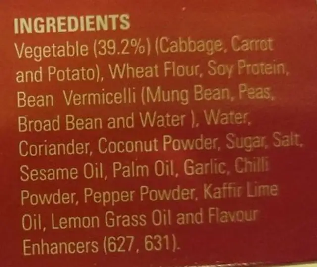 Thai Spring Rolls ingredients label