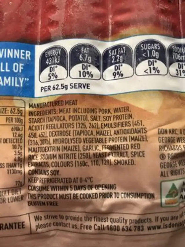 Footy Franks Skinless ingredients label