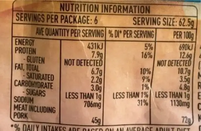 Footy Franks Skinless nutrition facts table