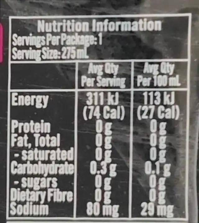 Mixed berry free zero sugar nutrition facts table