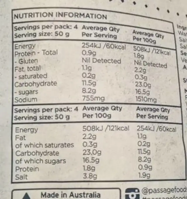 Hoisin and Garlic Stir Fry Sauce nutrition facts table