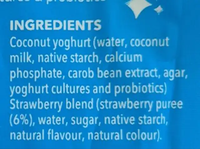 Strawberry coconut yoghurt ingredients label