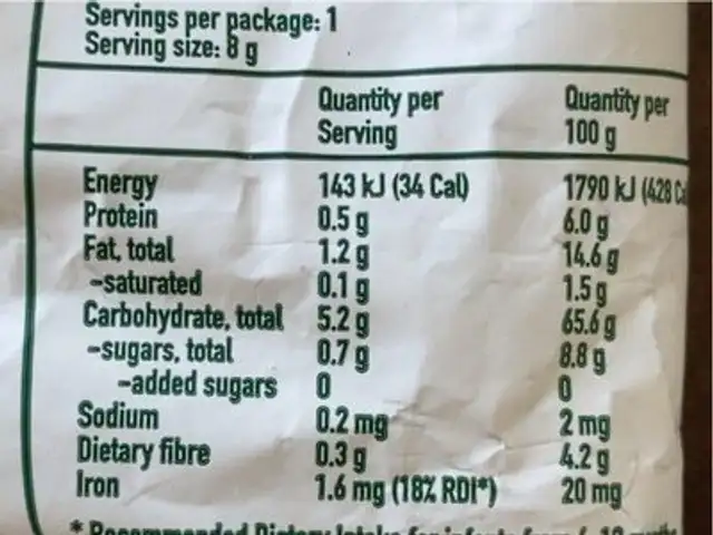 Organic Banana Soft Corn nutrition facts table