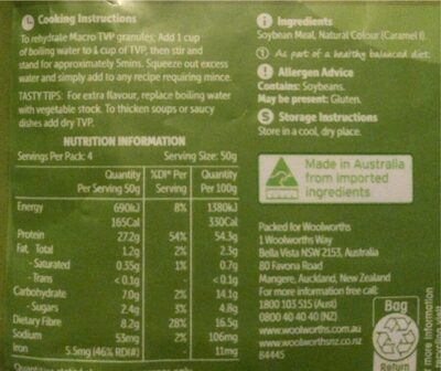 Vegetable protein nutrition facts table