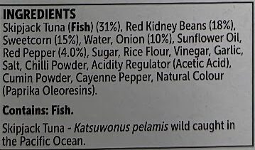 Tuna & beans Mexican style ingredients label