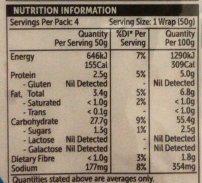 gluten free wraps nutrition facts table