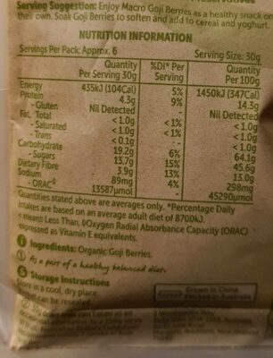 Goji berries nutrition facts table