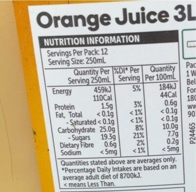 Orange Juice nutrition facts table