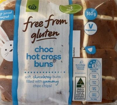 Gluten free chocolate hot cross buns front packaging