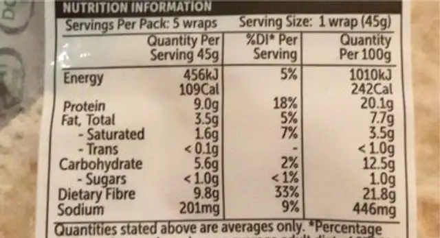 5 Soft Wraps nutrition facts table
