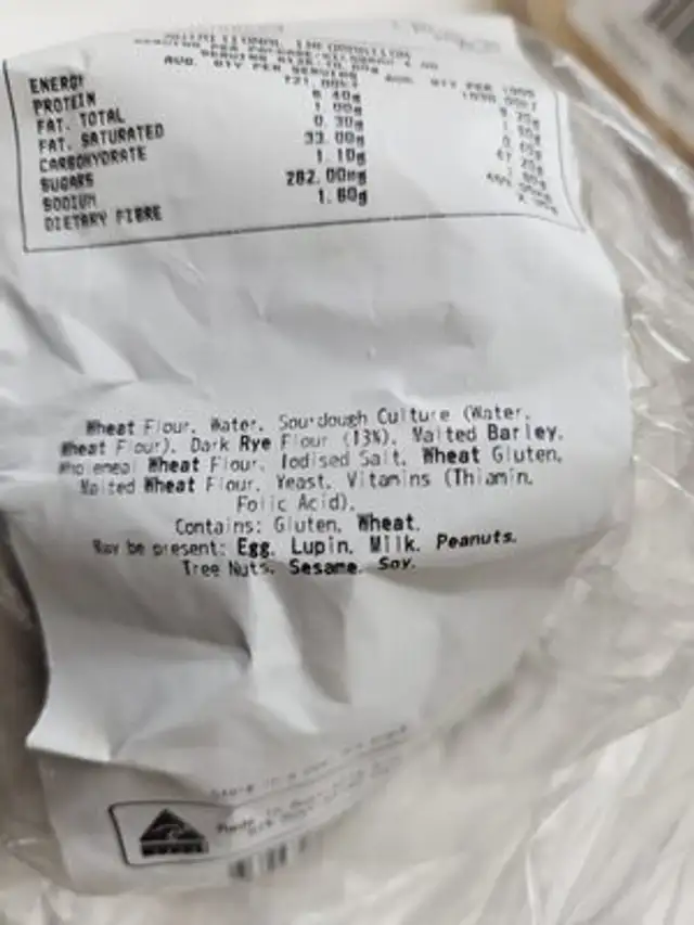 35hr Sourdough Mini Loaf Dark Rye ingredients label