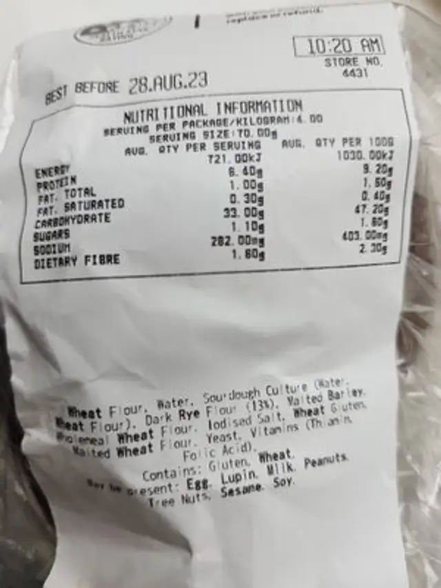 35hr Sourdough Mini Loaf Dark Rye nutrition facts table