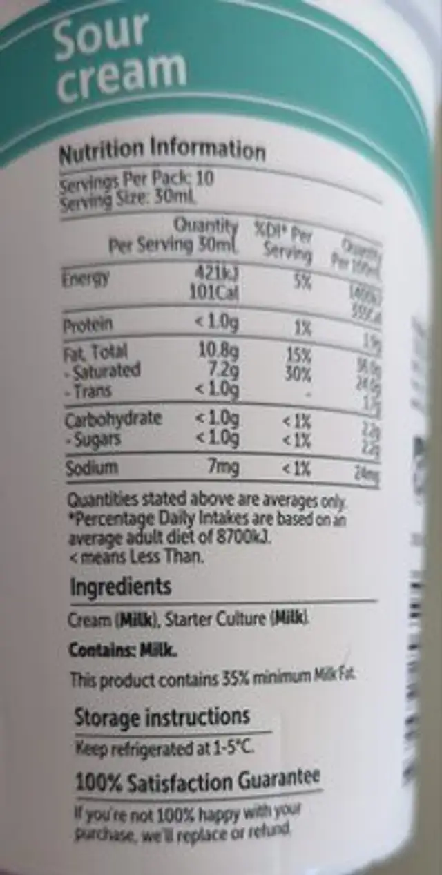 Sour Cream ingredients label