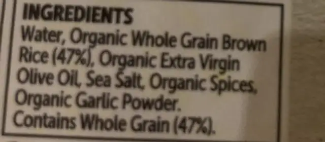 Brown Rice Middle Eastern Style ingredients label
