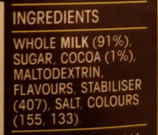chocolate milk ingredients label