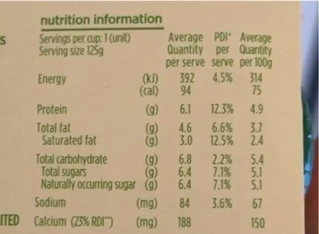 Activia Probiotics nutrition facts table
