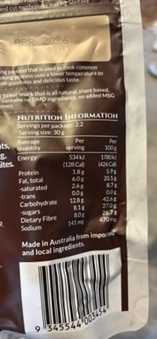Shiitake Mushroom Crisps nutrition facts table