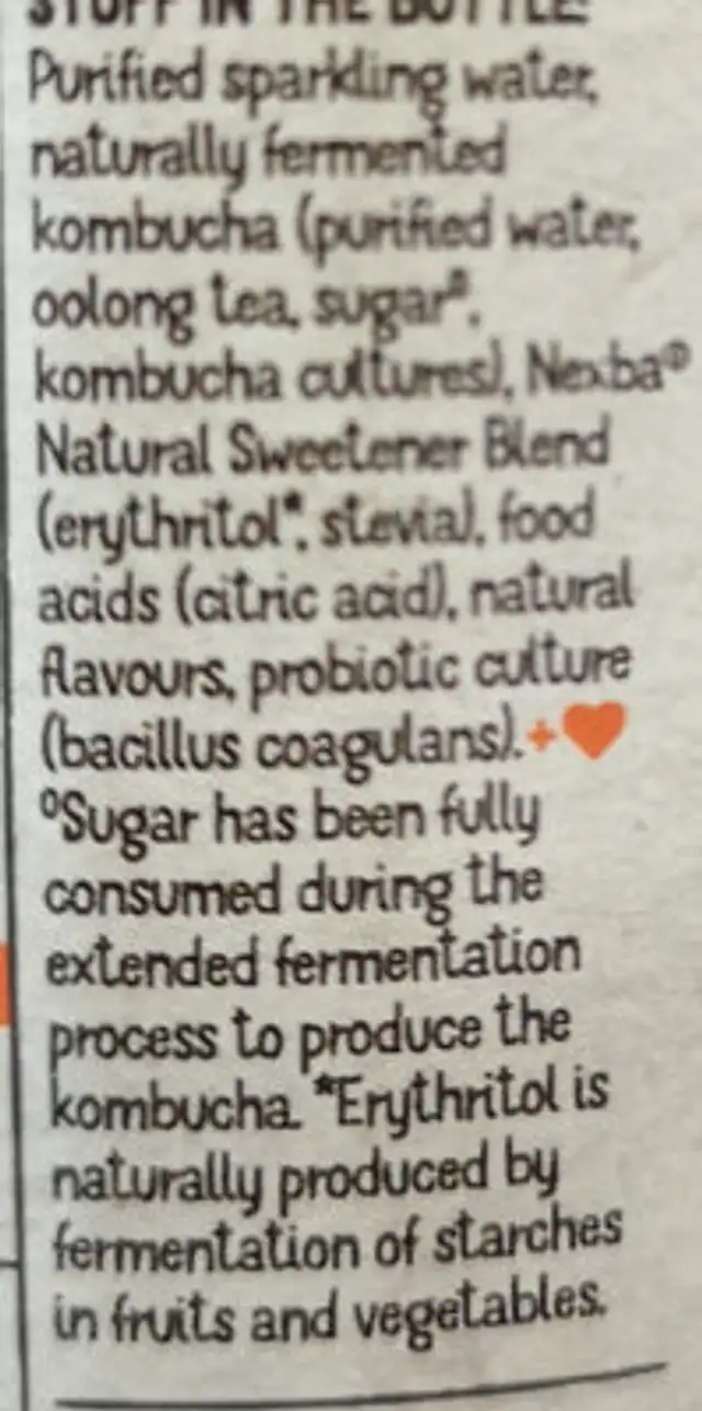 Kombucha watermelon and rasberry ingredients label