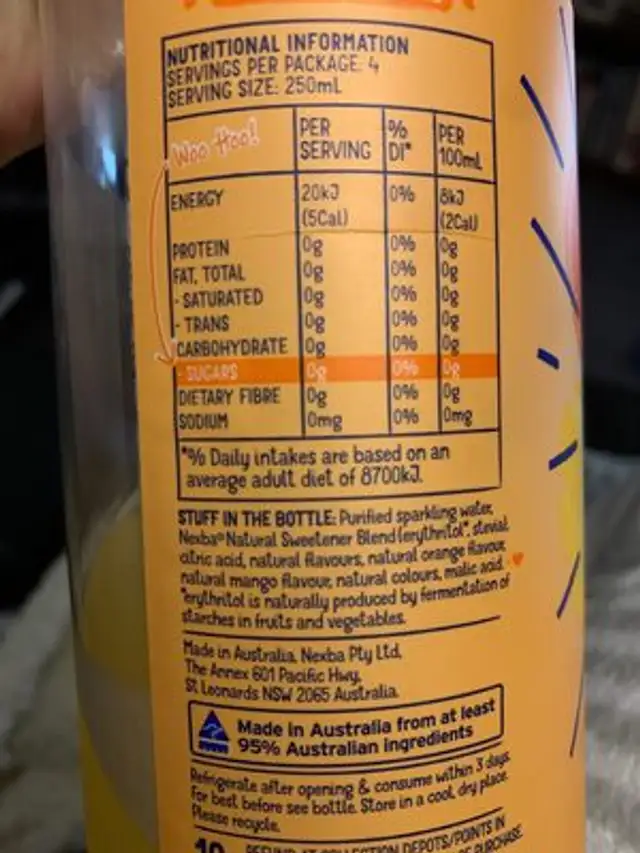 Orange and mango sparkling mineral water ingredients label