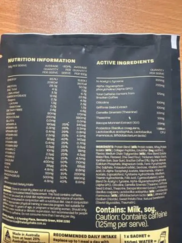 Go Breakfast & Coffee To Go Vanilla Latte nutrition facts table