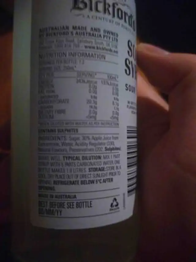 Soda Syrup Sour Apple ingredients label