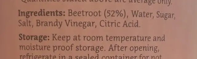 Sliced Beetroot ingredients label