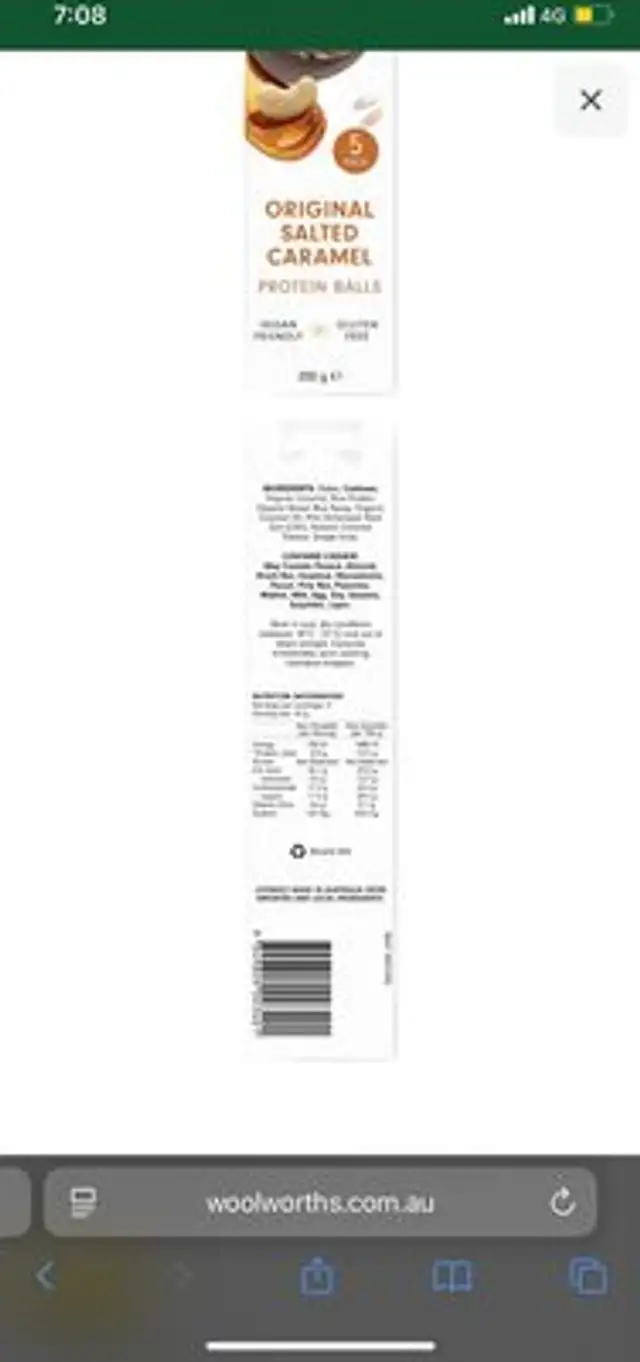 Original Salted Caramel Protein Balls nutrition facts table