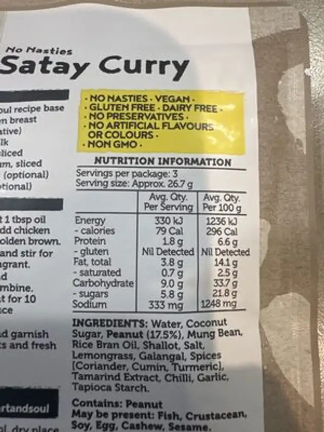 Natural satay curry nutrition facts table