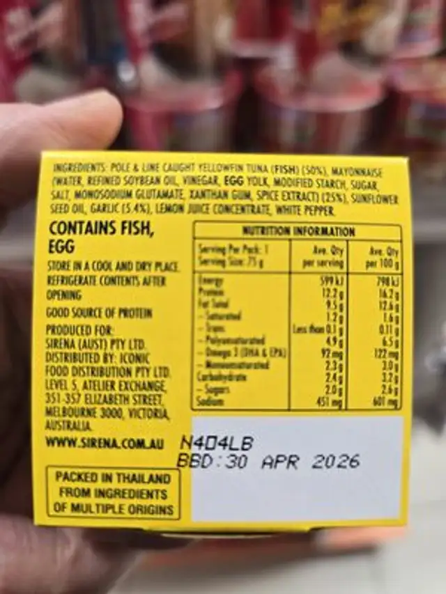 Tuna & Aioli ingredients label