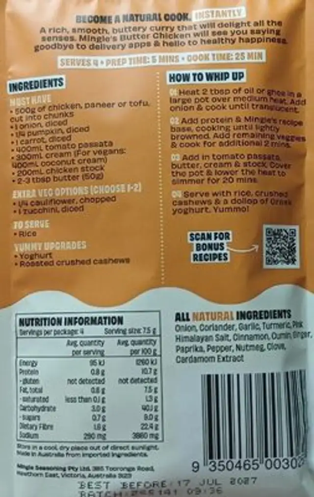 Butter chicken nutrition facts table