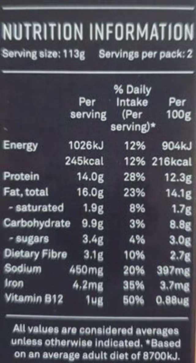 Plant based chicken style burguer nutrition facts table