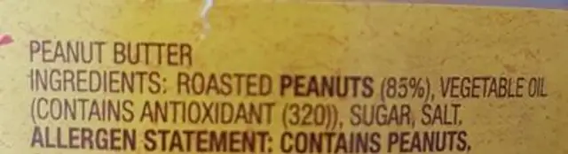 Peanut Butter Crunchy ingredients label