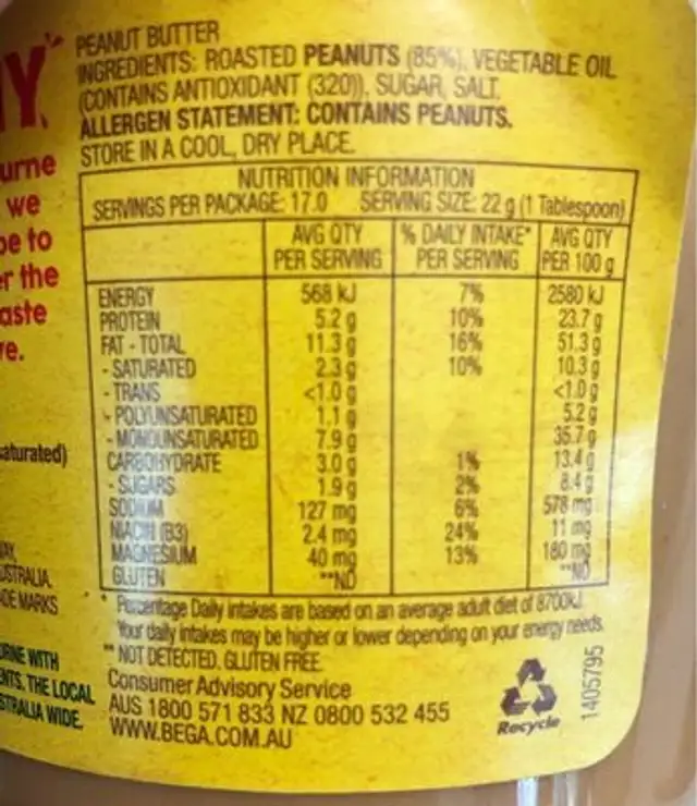 Peanut Butter Crunchy nutrition facts table