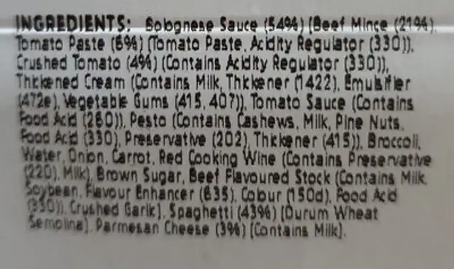 Nonna's spaghetti bolognese 300g pack ingredients label