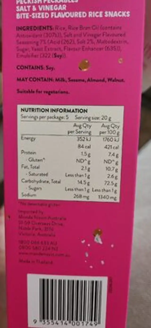 Salt And Vinegar nutrition facts table