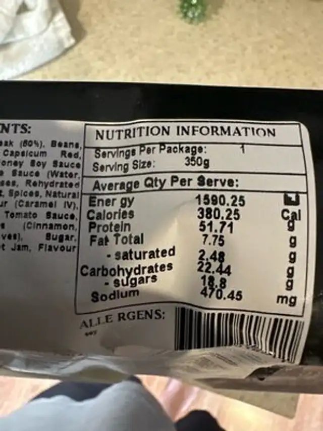 Chargrilled Grass Fed Rump With BBq Honey Soy And Veg nutrition facts table