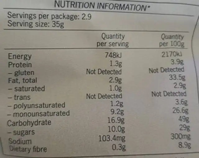 GARDEN MEDLEY nutrition facts table