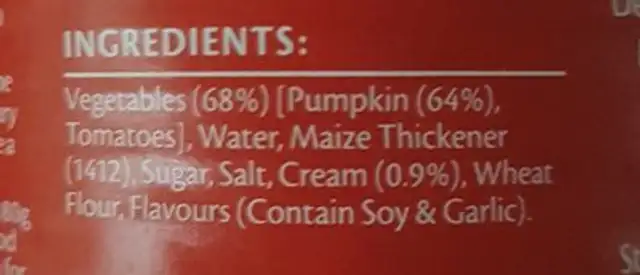 Condensed Creamy Pumpkin Soup ingredients label