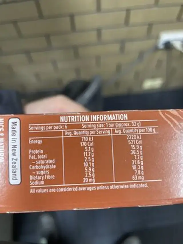 Roasted nut bar nutrition facts table