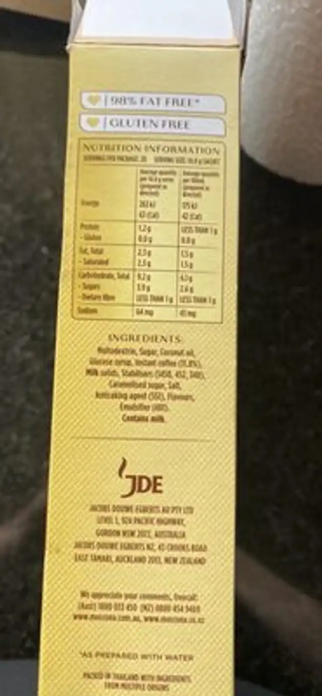 Latte nutrition facts table