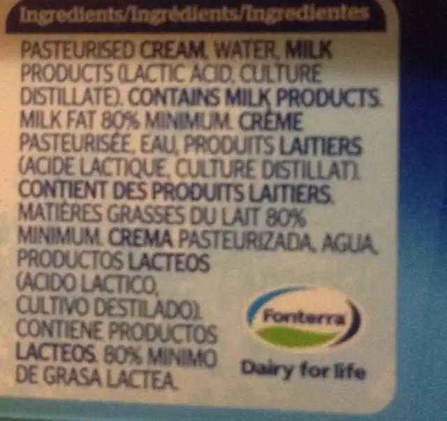 Beurre ingredients label