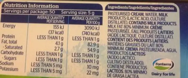 Beurre nutrition facts table