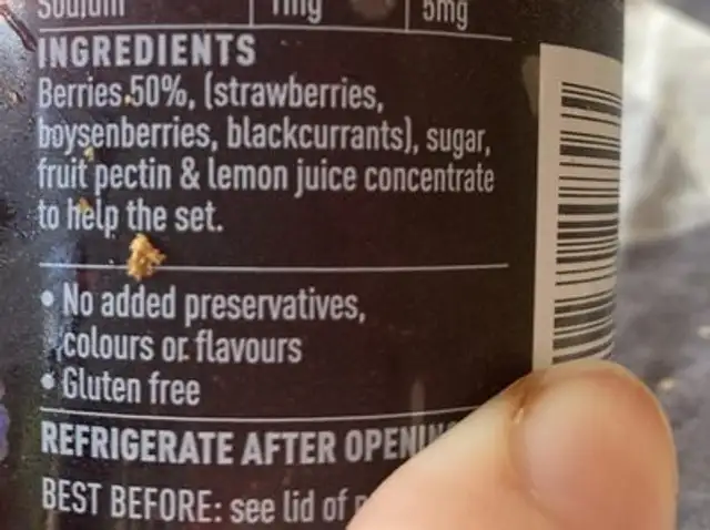 Barker’s THREE BERRY jam ingredients label